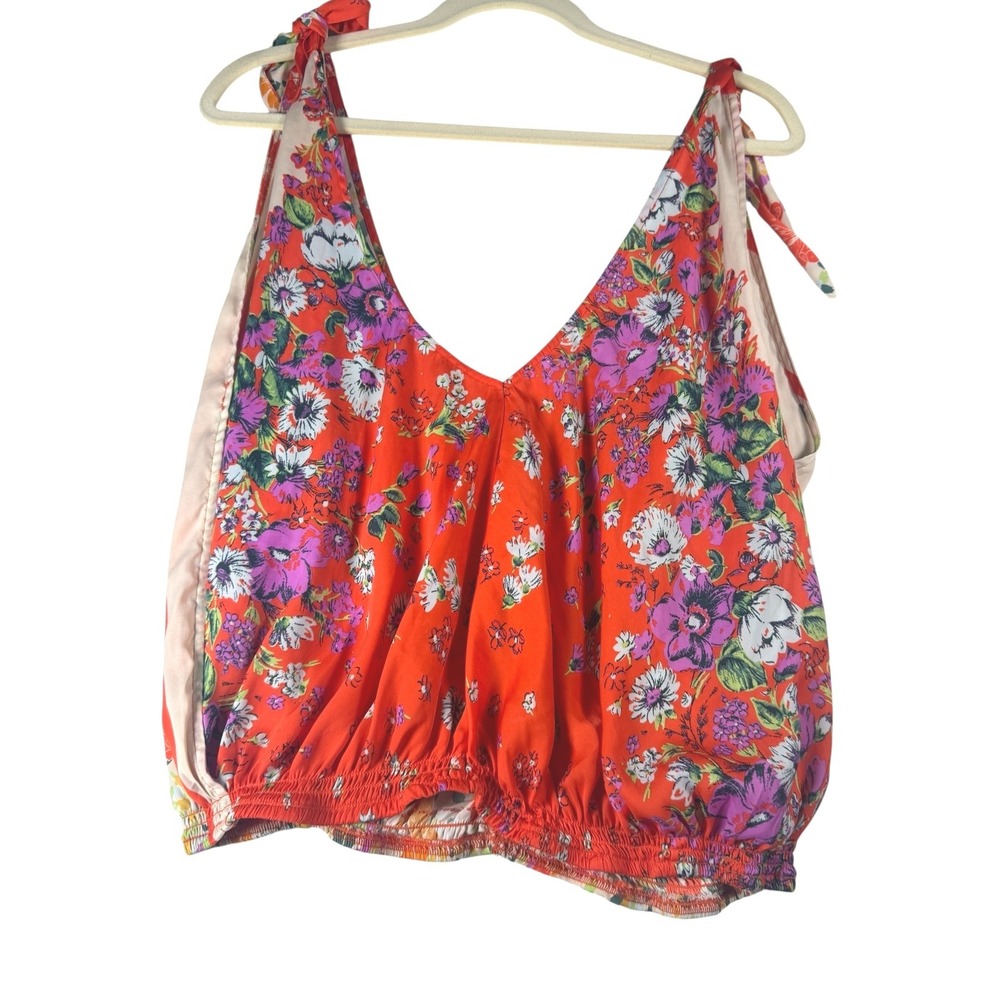 Free People Orange Floral Tie Shoulder Smocked Hem Tank Top Size M